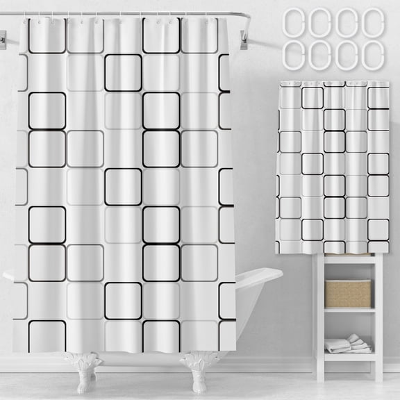 8PC Thickened Plastic Shower Curtain Set with Hooks, Waterproof Grid Design, No-Punch Installation, White, 180x120cm Bathroom Partition