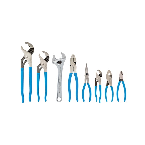 CHANNELLOCK V-Jaw Pliers and Wrench Set, Includes 3 V-Jaw Tongue & Groove, 1 Long Nose, 1 Diagonal Cutting, 1 Linemen's, 1 Slip Joint, 1 Wrench, 8 pieces (GS-28)
