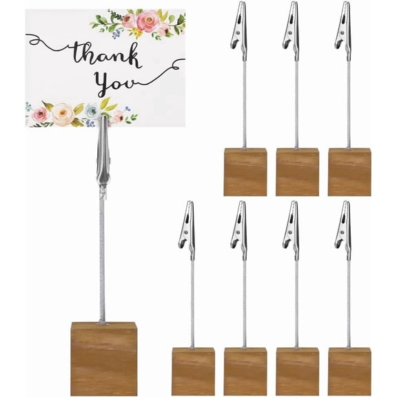 8PC Wooden Memo Clips Holder, Picture Holders with Clips, Wooden Base Memo Photo Clip, Photo Cubes for Pictures with Alligator Clip Clasp (Wooden Base)