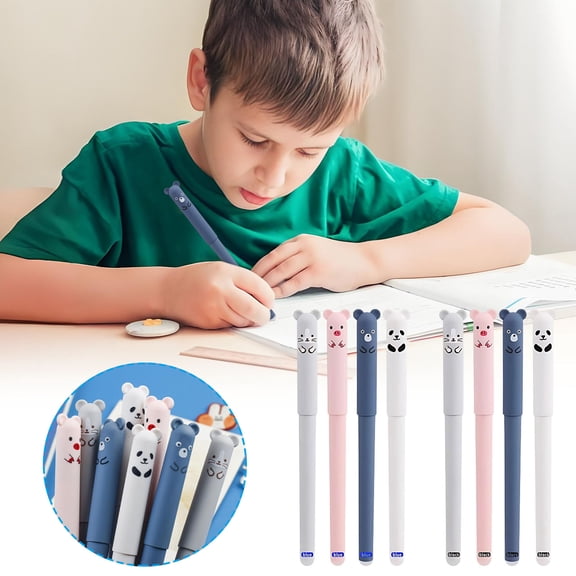 8PCS 0.35mm Erasable Gel Pens + 8PCS Replacement Refills, Cute Kawaii Cartoon Cat Pig Bear Panda Animal Gel Ink Black Pen Ballpoint for Writing Note, Gift