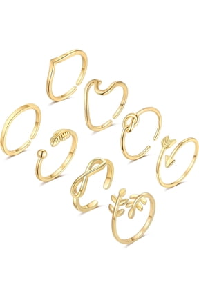 8PCS 14K Gold Plated Adjustable Rings for Women, Gold Silver Stackable Knuckle Rings for Teen, Arrow Knot Wave Open Stacking Dainty Thumb Rings Set