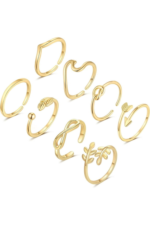 8PCS 14K Gold Plated Adjustable Rings for Women, Gold Silver Stackable Knuckle Rings for Teen, Arrow Knot Wave Open Stacking Dainty Thumb Rings Set
