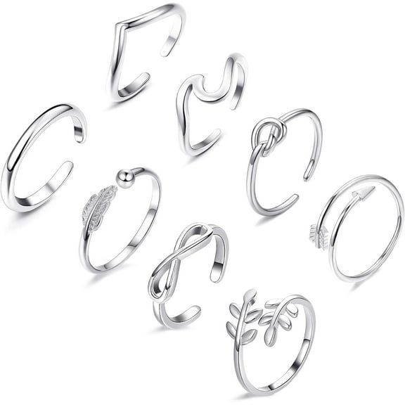 8PCS 14K Gold Plated Adjustable Rings for Women, Gold Silver Stackable Knuckle Rings for Teen, Arrow Knot Wave Open Stacking Dainty Thumb Rings Set