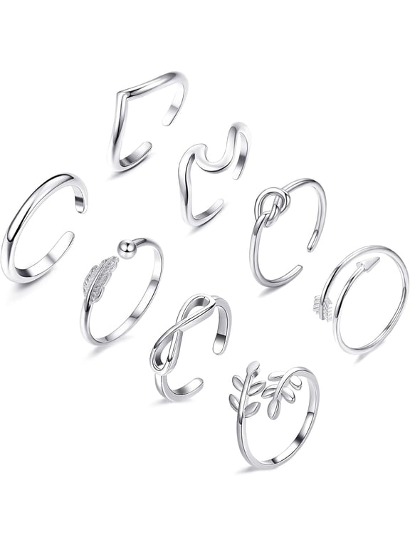 8PCS 14K Gold Plated Adjustable Rings for Women, Gold Silver Stackable Knuckle Rings for Teen, Arrow Knot Wave Open Stacking Dainty Thumb Rings Set