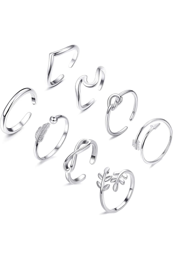 8PCS 14K Gold Plated Adjustable Rings for Women, Gold Silver Stackable Knuckle Rings for Teen, Arrow Knot Wave Open Stacking Dainty Thumb Rings Set