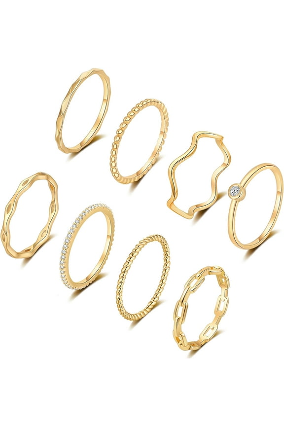 8PCS 14K Gold Plated Stacking Rings for Women Simple Dainty Silver Stackable Knuckle Thumb Rings Set Cubic Zirconia Thin Plain Band Wedding Promise Eternity Statement Rings Size 4-12