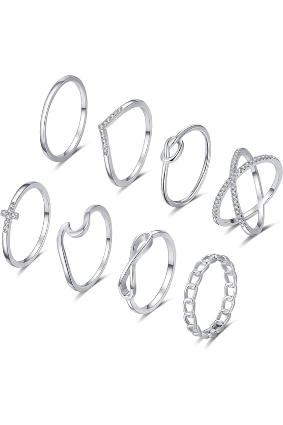 8PCS 14K Gold Plated Stacking Rings for Women Size 4 to Size 12 Gold Silver Stackable Knuckle Rings Set for Teen Knot Wave Simple Thumb Thin Wedding Plain Band Rings
