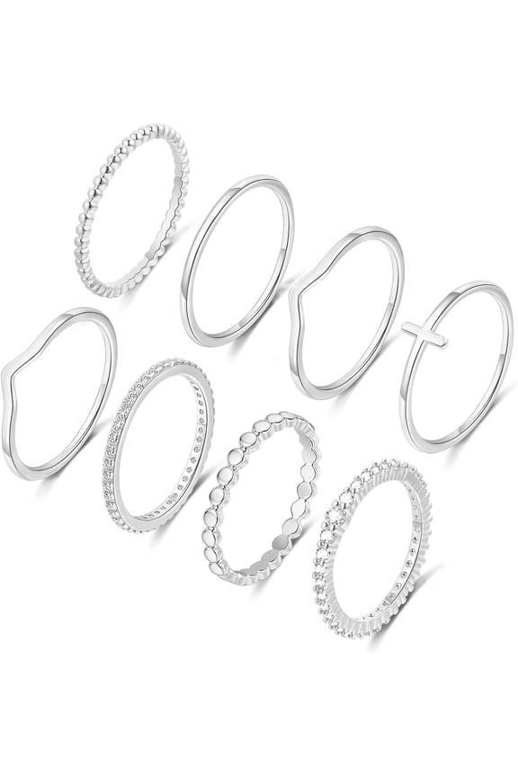 8PCS 14K Gold/Silver Plated Ring Set for Women Dainty CZ Simulated Diamond Ring Eternity Band Non-Tarnish Gold Stackable Ring Size 4-11