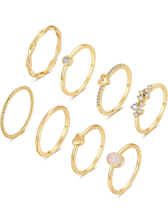8PCS 14K Gold/Silver Plated Stacking Ring Set for Women Teen Dainty Thumb Stackable Rings Gold Heart CZ Non Tarnish Rings Plain Band Size 4-11