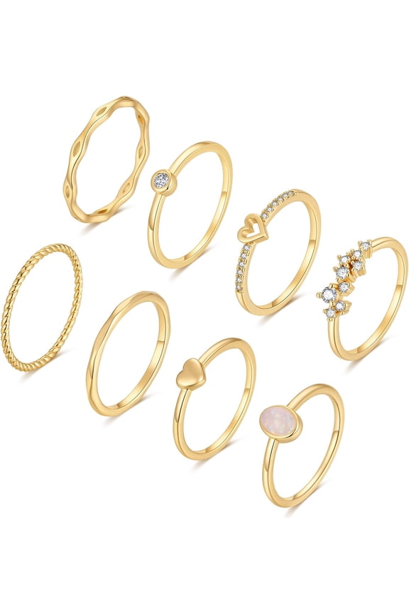 8PCS 14K Gold/Silver Plated Stacking Ring Set for Women Teen Dainty Thumb Stackable Rings Gold Heart CZ Non Tarnish Rings Plain Band Size 4-11