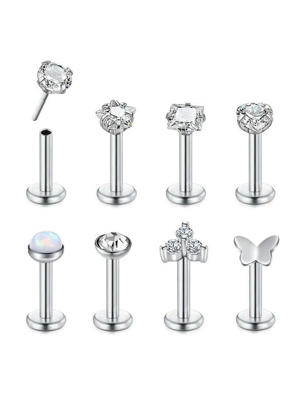 8PCS 18G Push in Theadless Nose Rings Studs Hypoallergenic Flat Back Nose Piercing