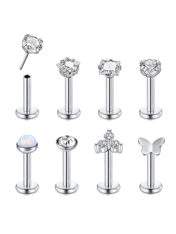 8PCS 18G Push in Theadless Nose Rings Studs Hypoallergenic Flat Back Nose Piercing
