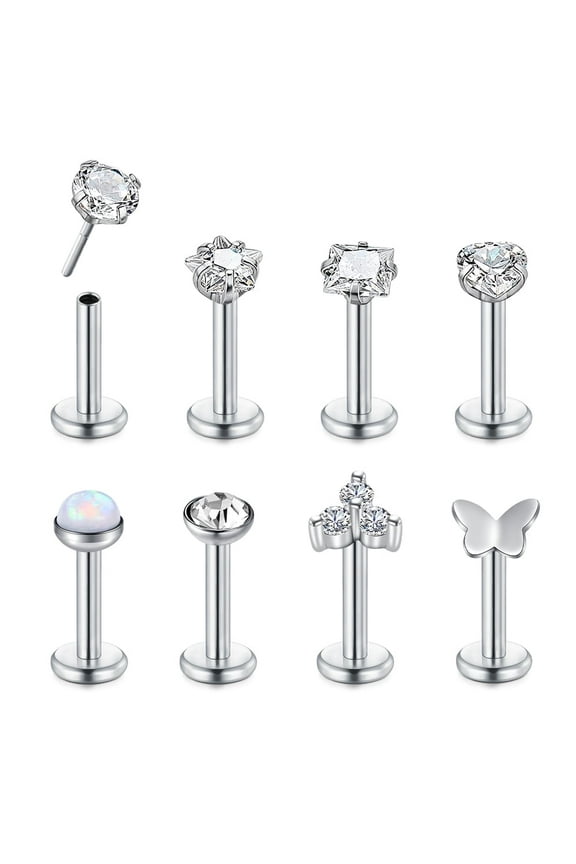 8PCS 18G Push in Theadless Nose Rings Studs Hypoallergenic Flat Back Nose Piercing