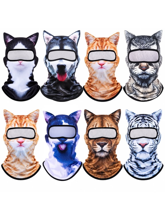 8PCS 3D Animal Face Ski Masks with Ears Cat Balaclava Printed Full Face Cover Funny Winter Outdoor Cycling Sports Rave Festival Party Costume Headgear