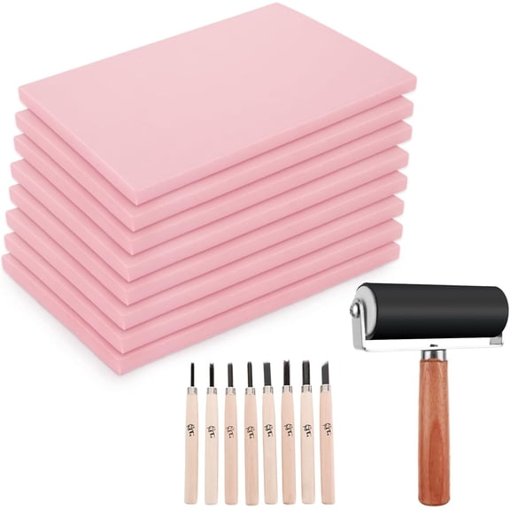 8PCS 4x6 Inch Linoleum Carving Blocks for Printmaking, Rubber Linocut Block Stamp Making Kit with Wood Carving Tools and Rubber Brayer Roller, Soft Stamp Carving Kit for DIY Crafts
