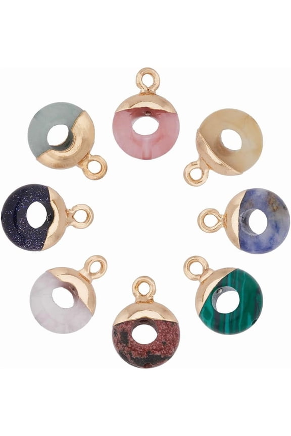 8PCS 8 Styles Natural Stone Pendants Gemstone Ring Shape Charms Donut Shape Charms with Loop and Hole for Necklace Bracelets Jewelry Making 14x10mm Golden
