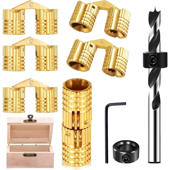 8PCS 8mm Hidden Brass Barrel Hinges with 8mm Drill Bit and Depth Stop Collar, 180 Degree Opening Angle Concealed Furniture Small Hinges for Wooden Box, Jewelry Box, Ring Box, DIY Hand Craft