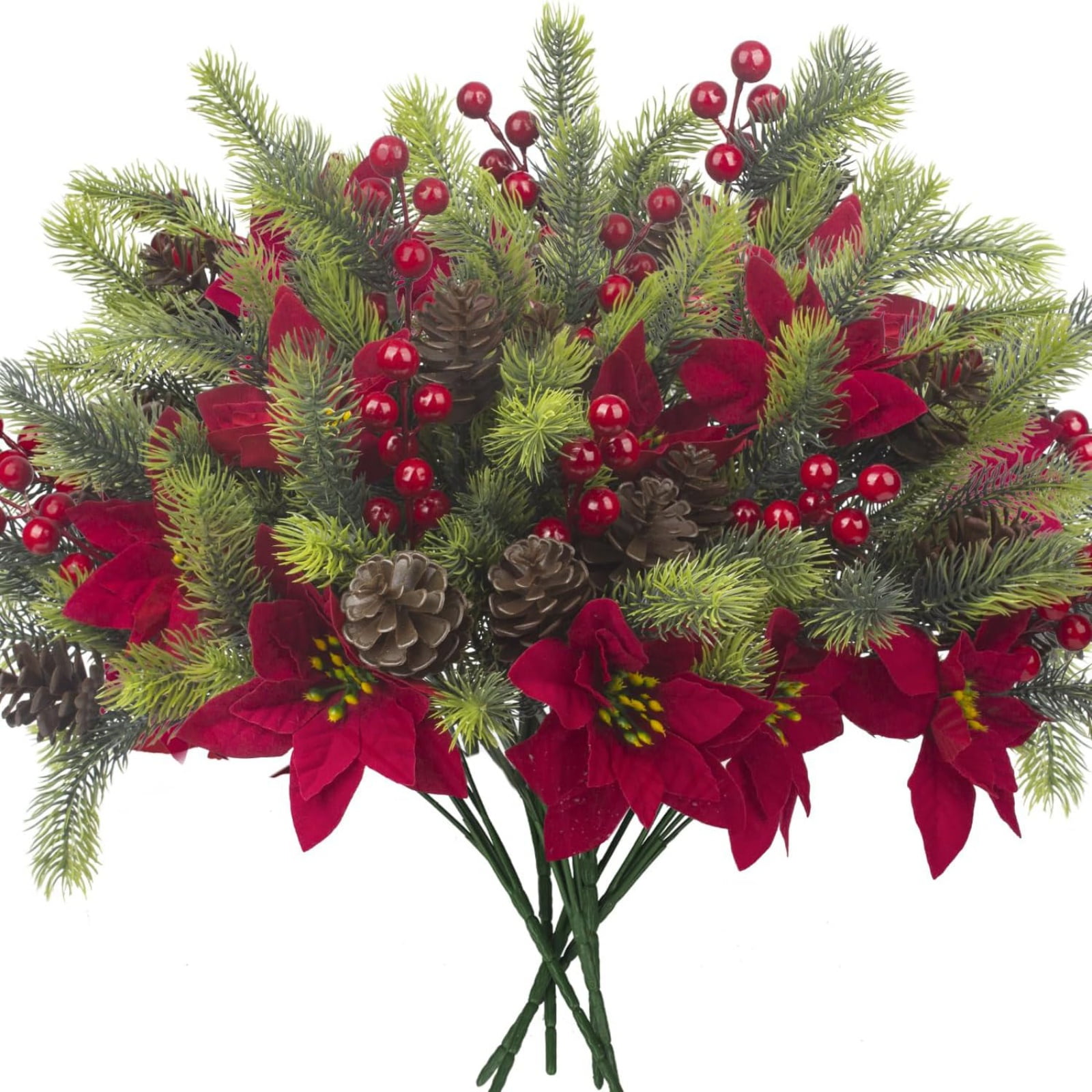 8PCS Artificial Christmas Floral Pine Cones Red Fake Berry Picks Stems Flowers Bouquet Holly Holiday Floral Picks for Xmas Tree Party Decoration DIY Indoor Table Centerpieces