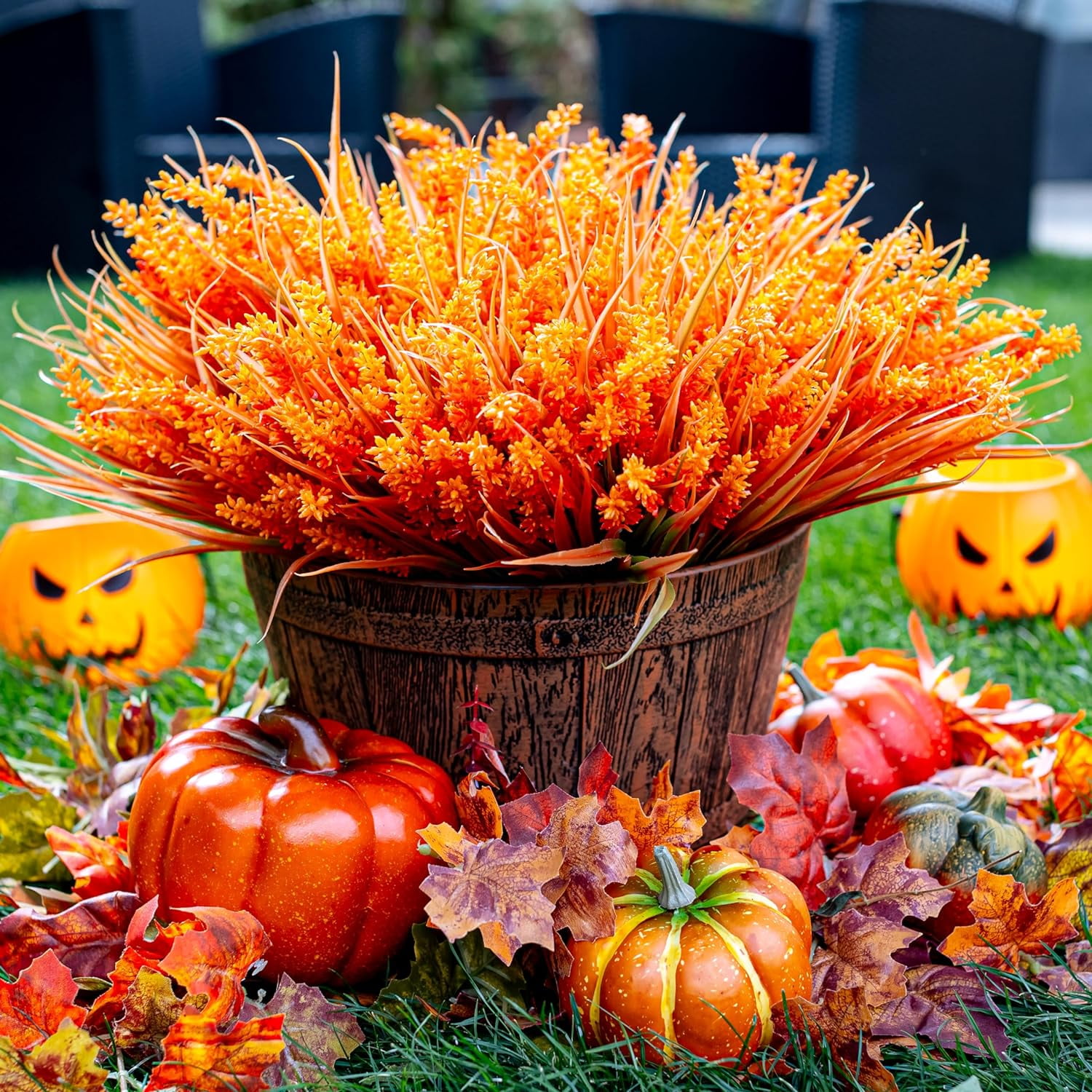 8PCS Artificial Flowers for Outdoors, Fake Lavender with Grass UV Resistant Plastic Faux Autumn Plants for Garden Thanksgiving Home Decor (Orange)