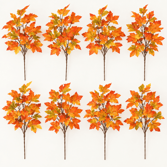 8PCS Artificial Maple Leaves Branches 14 Fake Silk Fall Maple Shrubs Orange Faux Fall Leaves Stem for Fall Decoration for Home Thanksgiving Table Centerpiece Fireplace Halloween Dcor (Orange)