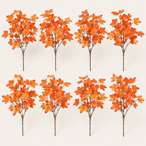 8PCS Artificial Maple Leaves Branches 14 Fake Silk Fall Maple Shrubs Orange Faux Fall Leaves Stem for Fall Decoration for Home Thanksgiving Table Centerpiece Fireplace Halloween Dcor (Orange)