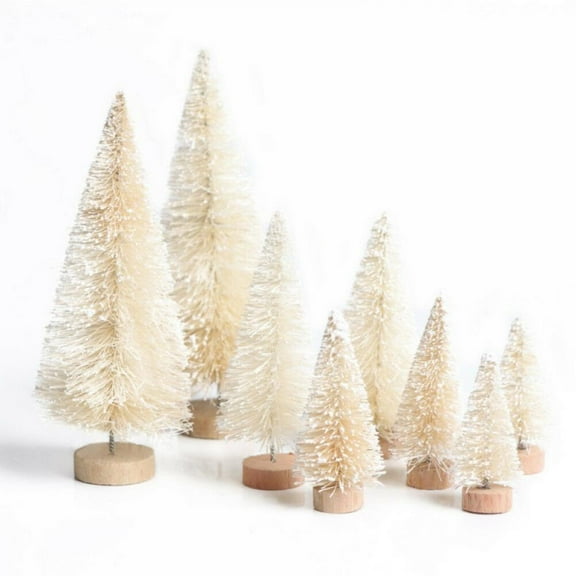 8PCS Artificial Mini Christmas Trees Bottle Brush Mini Sisal Trees with Wood Base for Christmas Table Top Decor