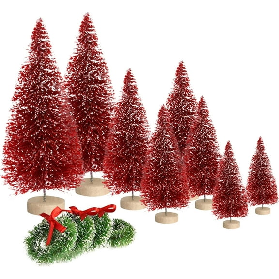 8PCS Artificial Mini Christmas Trees, Bottle Brush Trees with Wood Base, Artificial Frosted Sisal Xmas Tree, DIY Crafts Mini Pine Tree for Christmas Party Home Table Top Decor Winter Ornaments
