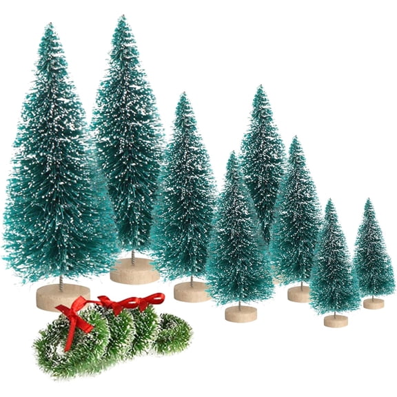 8PCS Artificial Mini Christmas Trees, Bottle Brush Trees with Wood Base, Artificial Frosted Sisal Xmas Tree, DIY Crafts Mini Pine Tree for Christmas Party Home Table Top Decor Winter Ornaments