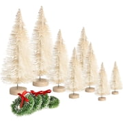 8PCS Artificial Mini Christmas Trees, Bottle Brush Trees with Wood Base, Artificial Frosted Sisal Xmas Tree, DIY Crafts Mini Pine Tree for Christmas Party Home Table Top Decor Winter Ornaments