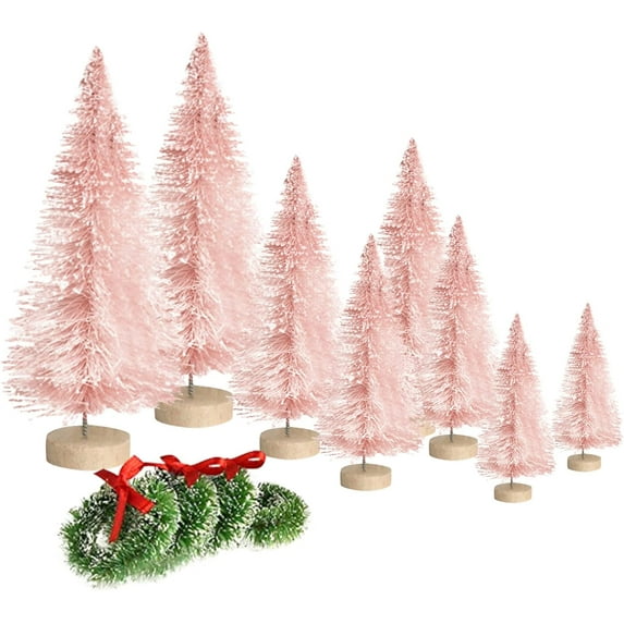 8PCS Artificial Mini Christmas Trees, Bottle Brush Trees with Wood Base, Artificial Frosted Sisal Xmas Tree, DIY Crafts Mini Pine Tree for Christmas Party Home Table Top Decor Winter Ornaments