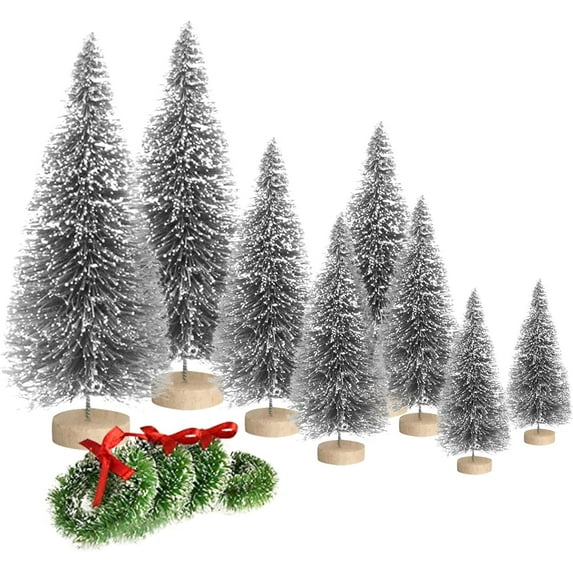 8PCS Artificial Mini Christmas Trees, Bottle Brush Trees with Wood Base, Frosted Sisal Xmas Tree, DIY Crafts Mini Pine Tree for Party Home Table Top Decor Winter Ornaments