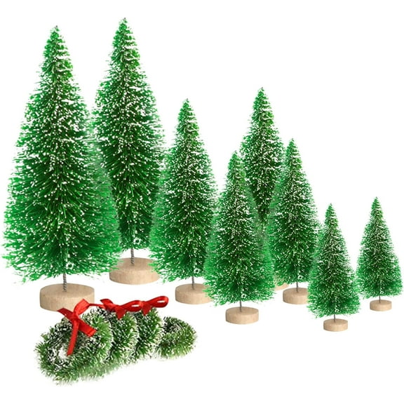 8PCS Artificial Mini Christmas Trees, Bottle Brush Trees with Wood Base, Frosted Sisal Xmas Tree, DIY Crafts Mini Pine Tree for Party Home Table Top Decor Winter Ornaments