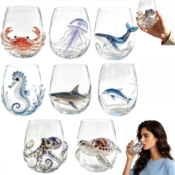 8PCS Artisanal Blue Ringed Octopus Glassware Set, 3D Octopuses Stemless Wine Glasses, Handcrafted Marine Animal Bar Glass, Unique Coastal Home Decor Gift for Ocean Lovers