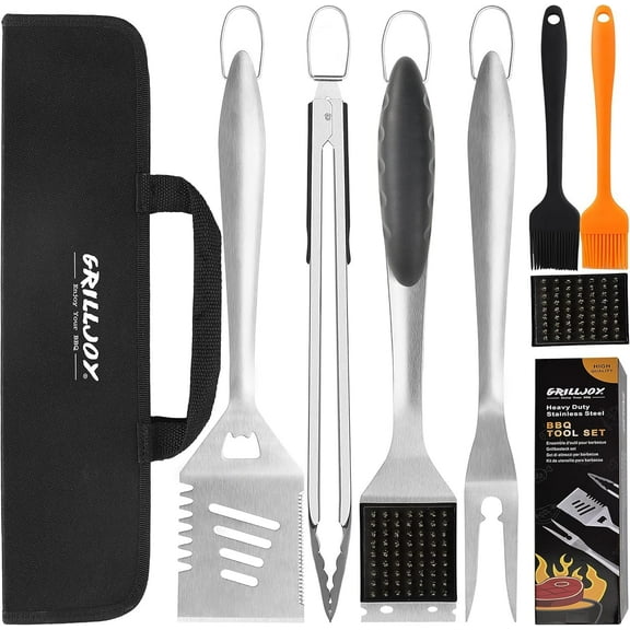 8PCS BBQ Grill Tools Set with Extra Thick Stainless Steel Spatula, Fork, Tongs & Cleaning Brush - Complete Barbecue Accessories Kit with Portable Bag - Perfect Grill Gifts for Men