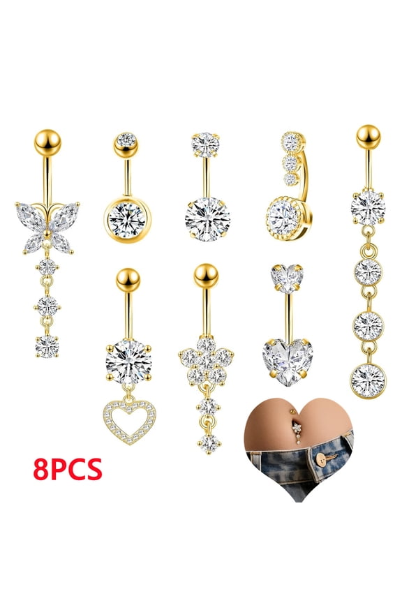 8PCS Belly Button Rings for Women 14G Dangle Navel Piercing Jewelry Set Surgical Steel Body Jewelry