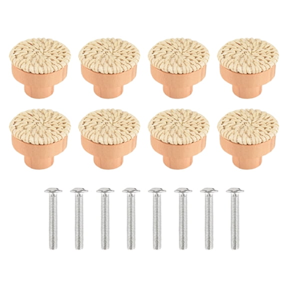 8PCS Boho Rattan Dresser Knobs Wood Drawer Handmade Woven Wicker Pull Handle for Cabinet Home Decor