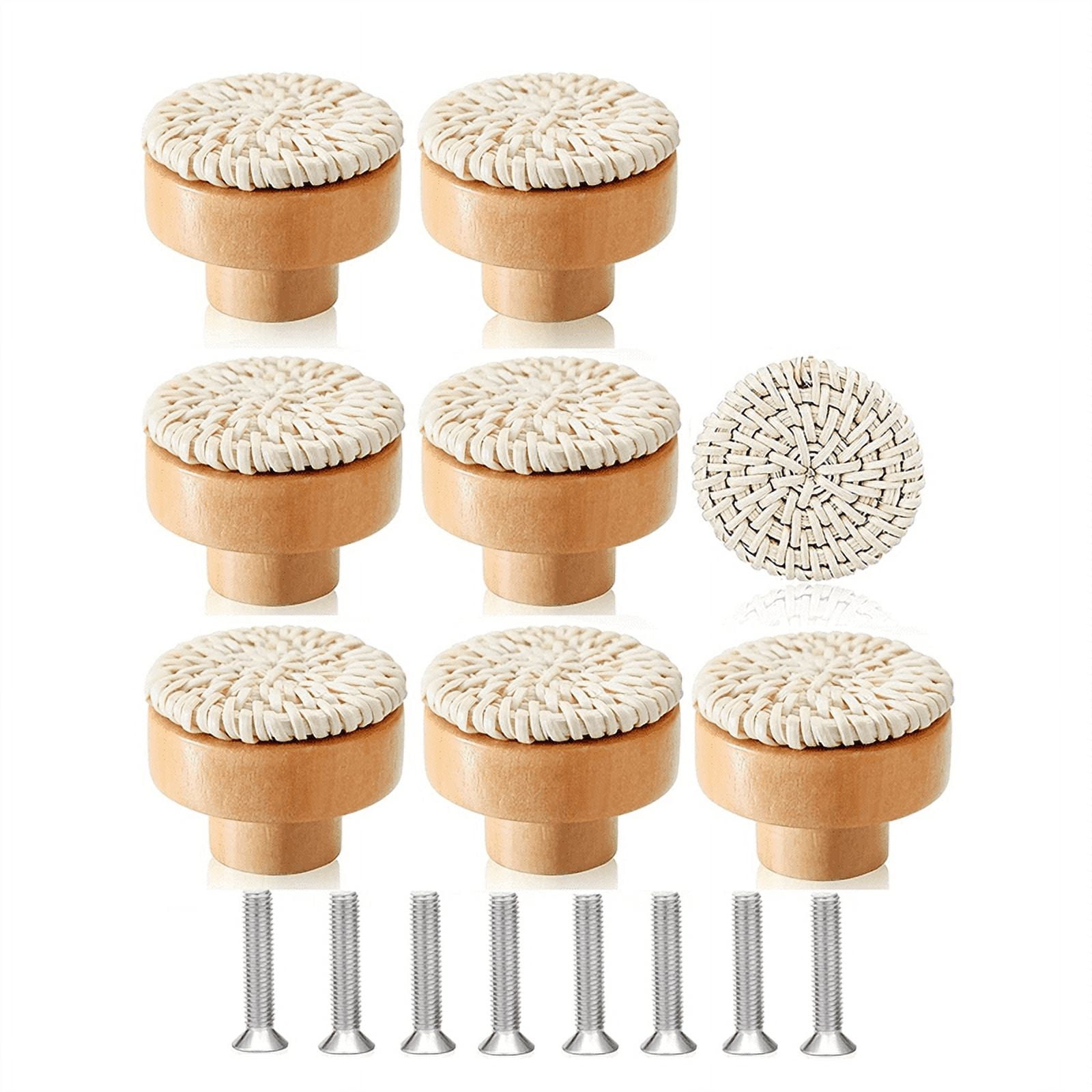 8PCS Boho Rattan Dresser Knobs Wood Drawer Knobs Handmade Woven Wicker