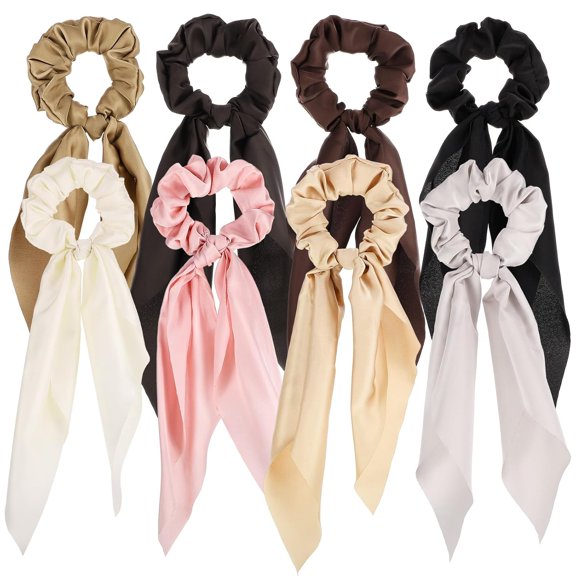 8PCS Bow Hair Scrunchies, Hair Scarf for Women Knotted Bow Satin Ribbon Girls Summer Dress Outfit
