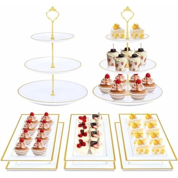 8PCS Cake Stand Set, Plastic Cupcake Stands with Gold Rim, Dessert Display Stands Set for Wedding Birthday Party Baby ShowerTea Party$$Home Decor, Kitchen, & Other