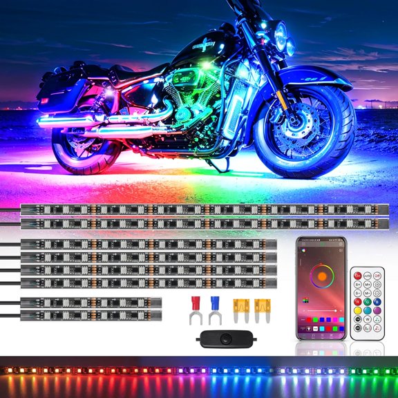 8PCS Casing Dreamcolor Motorcycle LED Ligts Kit wit/APP/RF Remote Brake Turn Signal,RGB+IC Motorcycle underglow LED Strip Ligts 12v Waterproof Music Mode Multicolor for arley onda Yamaa