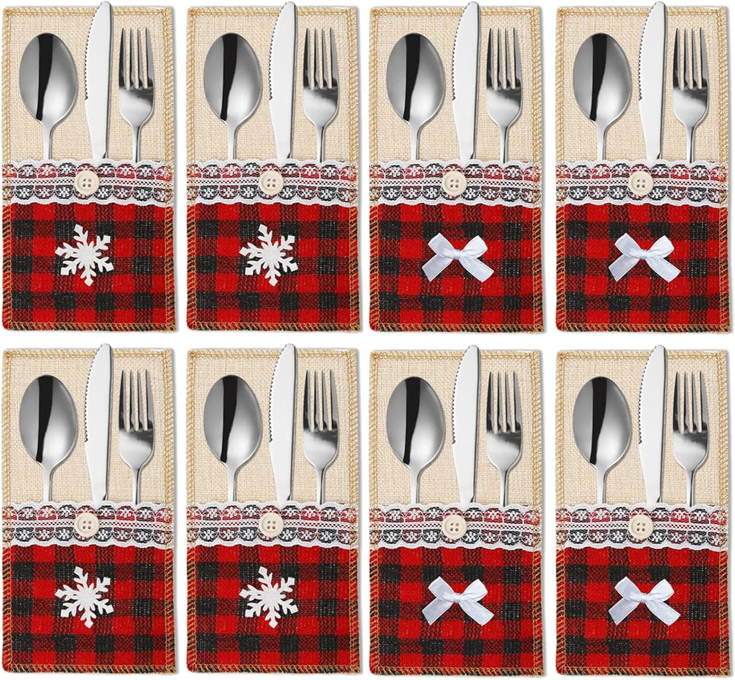 8PCS Christmas Burlap Cutlery Holders Pouch Bags with Lace Utensil