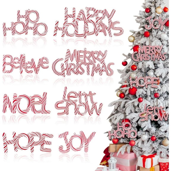 8PCS Christmas Hanging Sign Ornaments Red Wooden Word Candy Texture Decorations Believe Joy Signs Letter Crafts for Christmas Tree Party Wall Door Hanging Decor