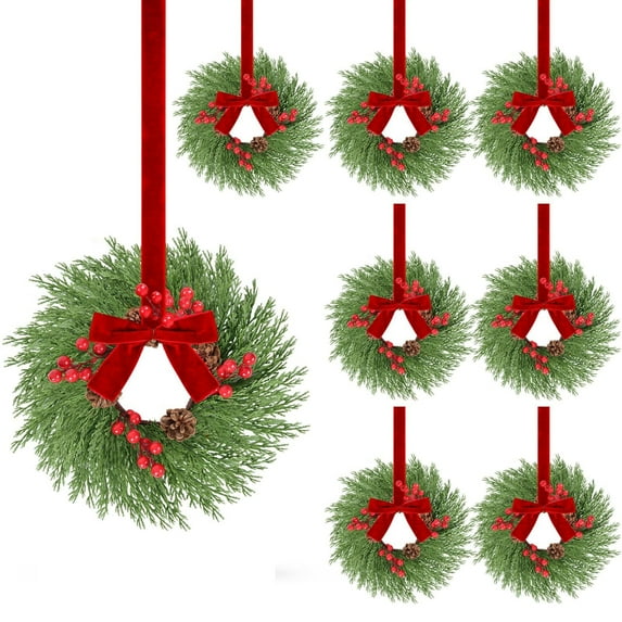 8PCS Christmas Kitchen Cabinet Wreaths with Plaid Bow Ribbon Hanging Cabinet Doors Wreaths Decorative for Kitchen Window Outdoor Indoor Holiday Decor