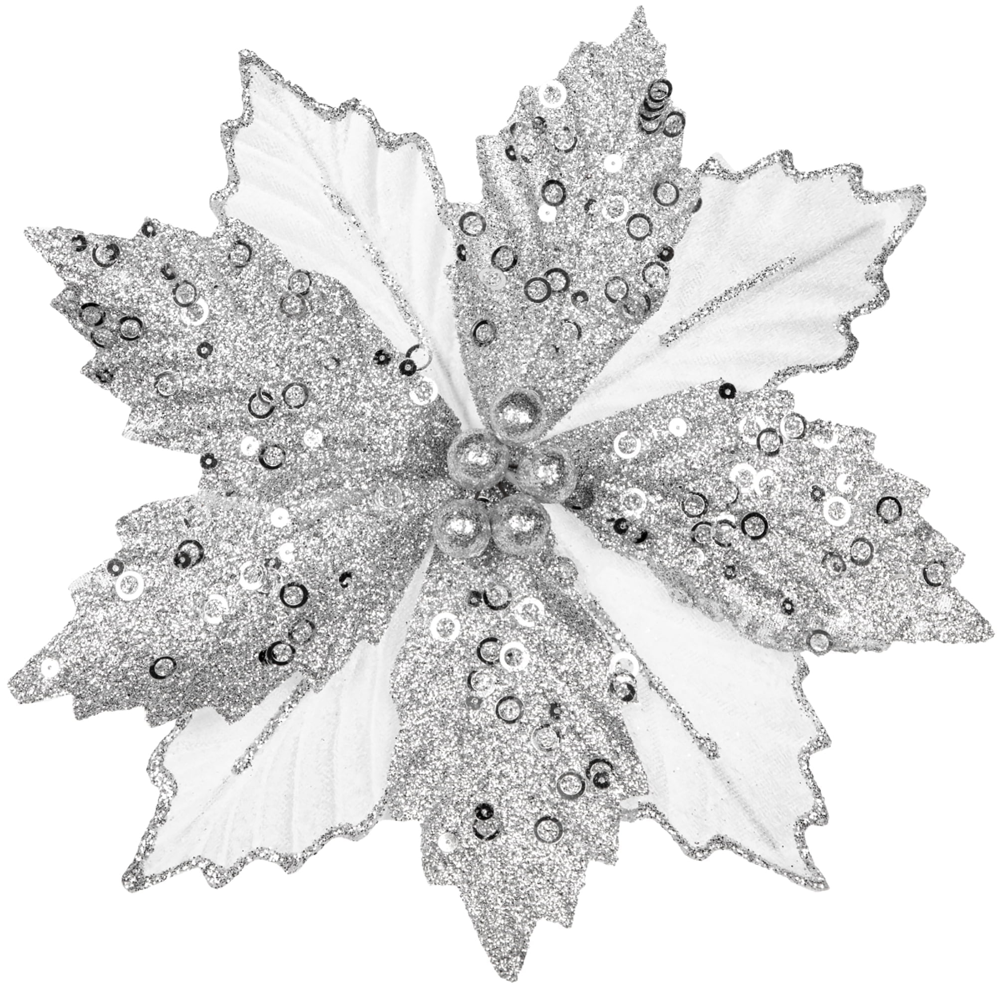 8PCS Christmas Poinsettia Flowers Glitter Decorations Flowers with Clips Ornaments for Christmas Tree Wreath Garland, Silver