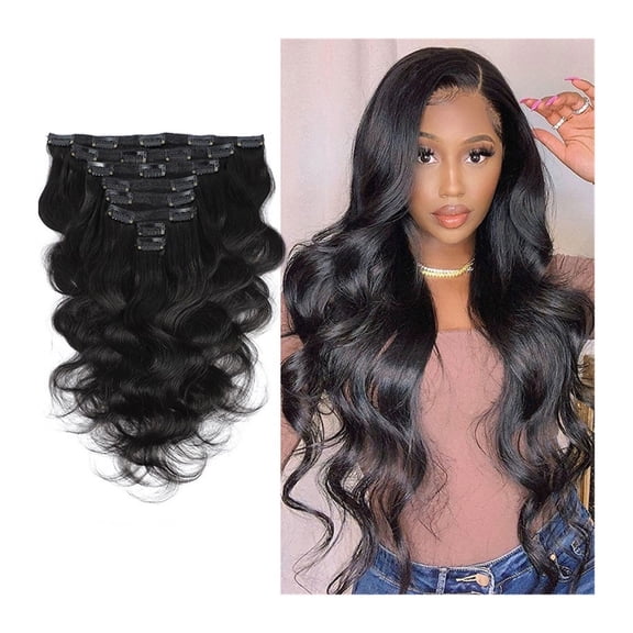 8PCS Clip in Hair Extensions Long Wavy Black Hair Extensions Thick Hairpieces Human Hair Double Weft Brazilian Remy Human Hair 8A Clip in Extensions for Women