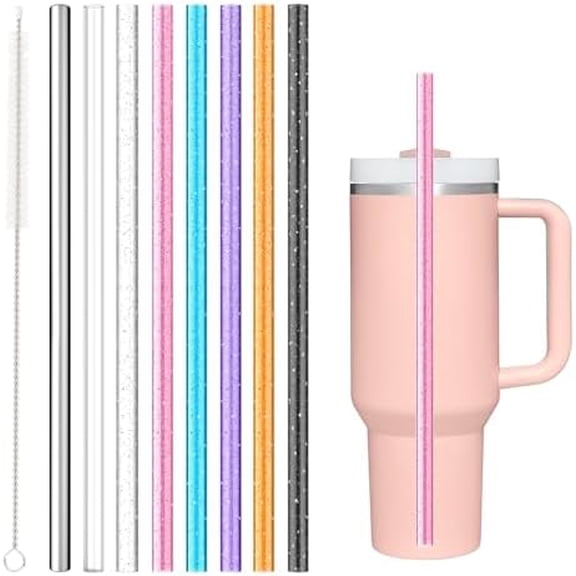 8PCS Color Replacement Straws for Stanley Owala Simple Modern, Reusable Glitter Clear Stainless Steel Straws Accessories for Tumbler Mug Cup, BPA Free and Dishwasher Safe(7*Tritan!*Metal)