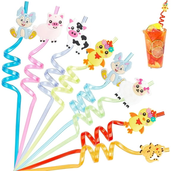 8PCS Colorful Reusable Drinking Straws Farm Party Favors Party Decorations Animals Plastic Straws Safari Jungle Birthday Twisty Straws for Birthday Family Party Supplies DIY
