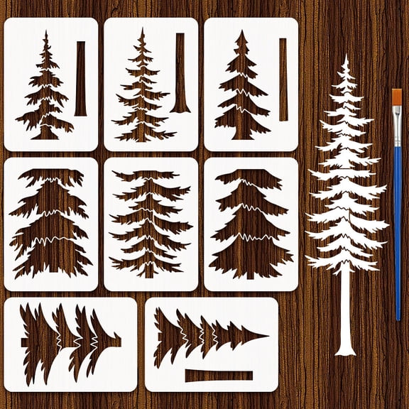 8PCS Combined Pine Trees Stencils with Brush 8.3x11.7inch Layered Pine Tree Stencil Plant Theme Tree Craft Stencils for DIY Home Decoration