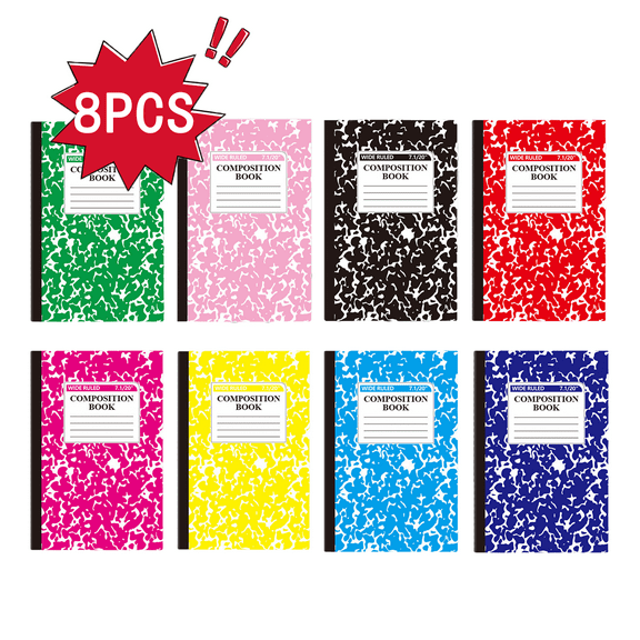 8PCS Composition Notebook, Wide Ruled Composition Books Bulk, Marble Cover Notepad Lined Cute Journal Notebooks for Supplies Notes Taking Writing, 8.19 X 5.47 in (BK BU DB PK RD HT GN YE)