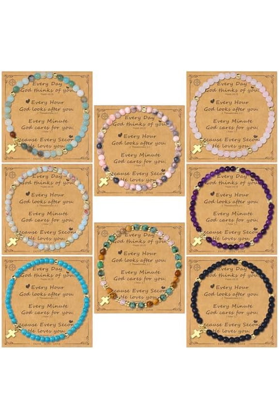 8PCS Cross Bracelets for Women Christian Gifts - 4MM Beaded Cross Bracelet Inspirational Christmas Confirmation Baptism Birthday Gifts Natural Stone Bracelets Jewelry
